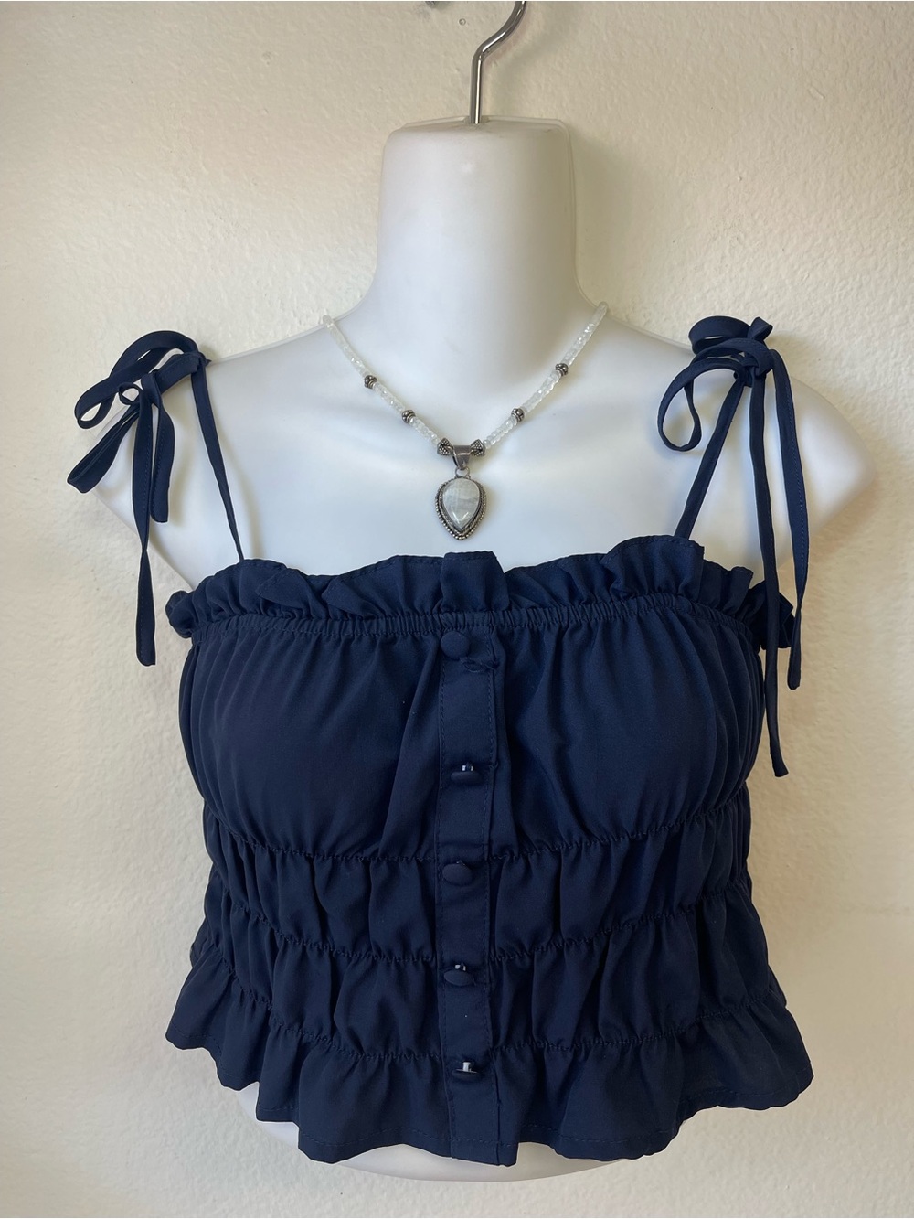 Camilla Navy Smocked Tie-Shoulder Cami Top